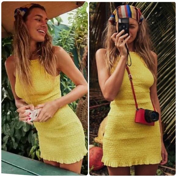 NEW Size Medium Free People Free-Est Iyla Smocked Mini Dress in Blazing Yellow - Picture 1 of 9